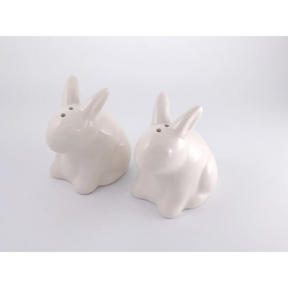 White Ceramic Bunny Salt and Pepper Shakers Set Miniature Rabbit Easter Spring